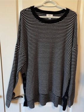 Lord & Taylor Size 3X Black White Striped Button Slit Hem Sweater - cotton blend